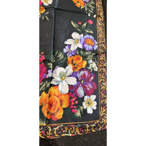 Vtg Scarf GOLDEN DRAGON 100% Silk  Handmade Black Floral Design in Multicolor - Picture 5 of 9